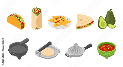 Isometric illustration showing different types of pasta and cooking utensils on a white background