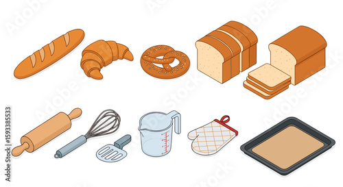 Isometric illustration of various baked goods and baking tools arranged on a white background