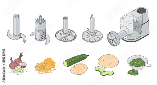 Isometric illustration of a food processor with various blades and ingredients for food preparation