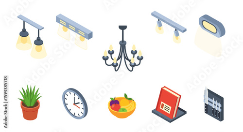 Isometric view of various pasta types with cooking utensils and pasta drying rack on white background