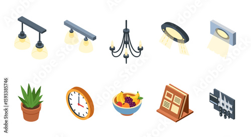 Isometric view of interior elements including lighting fixtures plant clock and fruit bowl arrangement