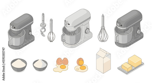 Isometric view of stand mixers with attachments and baking ingredients on a white background