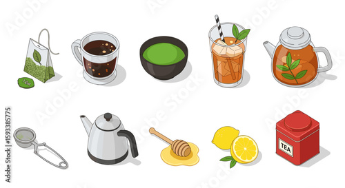 Isometric illustration of various tea preparations and accessories on a white background scene view