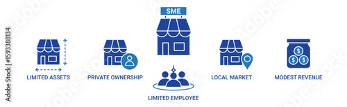 SME icon set with limited assets, private ownership, limited employee, local market and modest revenue icon concept illustration.