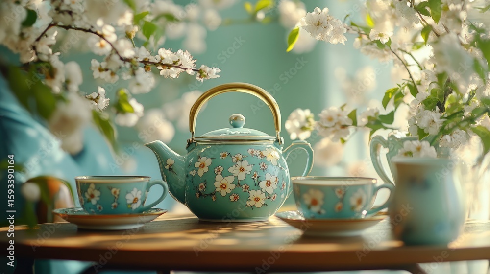 Fototapeta premium view of coffee and kettle placed on a table decorated with plants