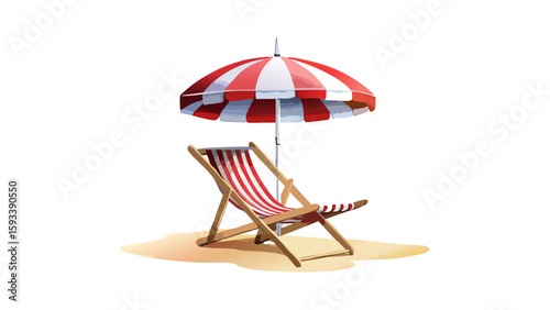 Red striped beach chair and umbrella watercolor illustration isolated on transparent background