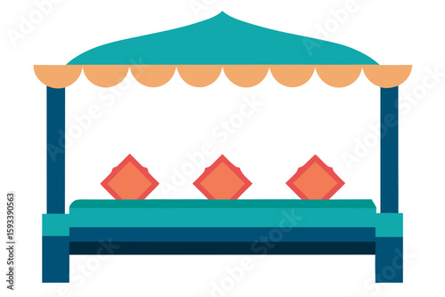 Colorful outdoor daybed with decorative pillows and canopy