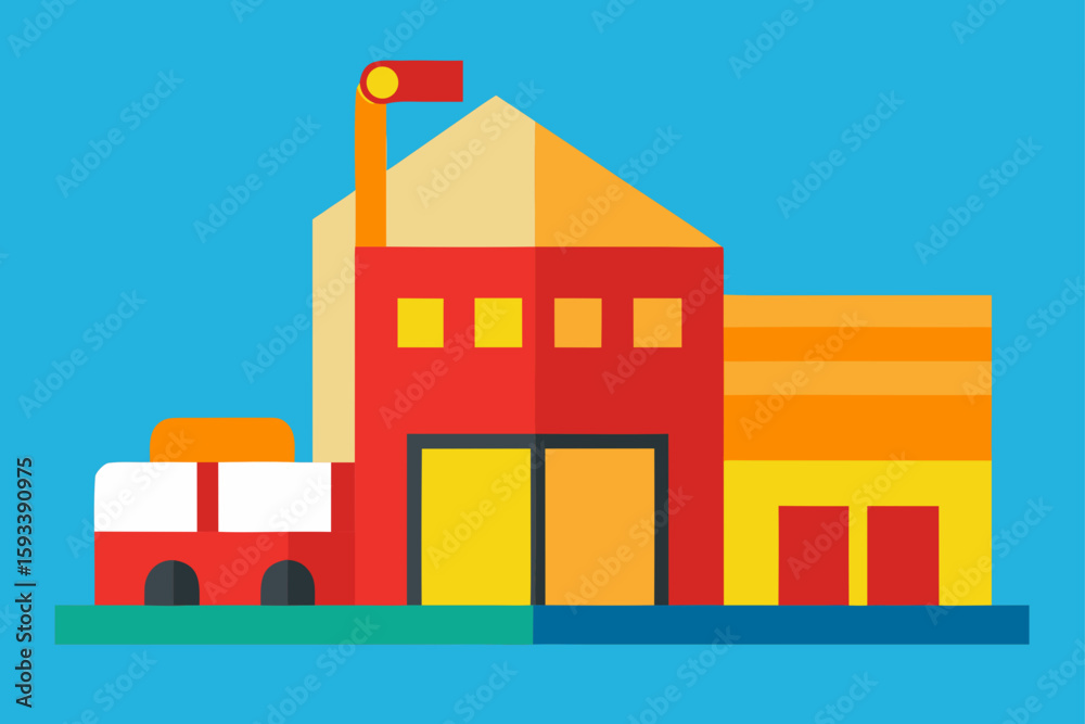 Fototapeta premium Flat design fire station with fire truck illustration