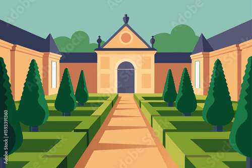 Geometric garden path leading to ornate building entrance