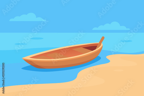 Empty wooden boat resting on a sandy beach by the ocean
