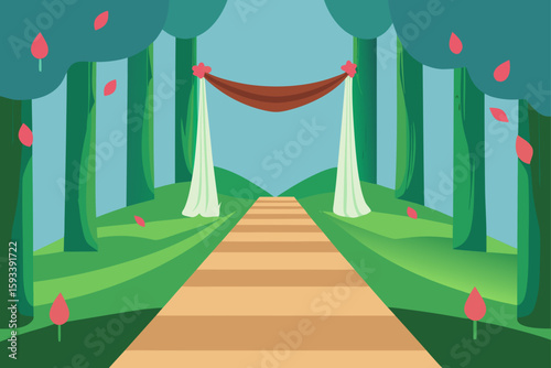 Enchanting forest wedding ceremony path with draped arch