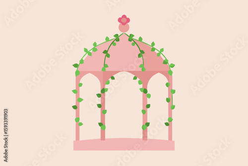 Pink gazebo with green vines and flower decoration