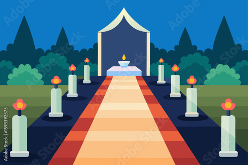 Candlelit pathway to a ceremonial archway at dusk