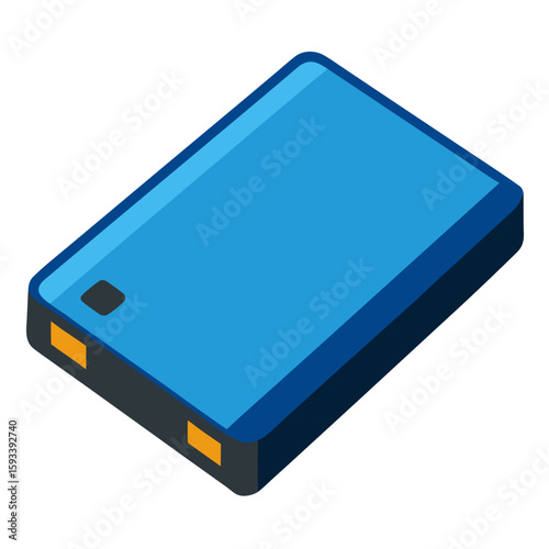 Blue power bank with orange ports and a black indicator light