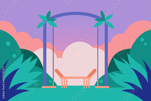 Tropical paradise with a swing set and lounge chairs under palm trees
