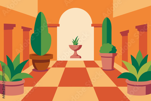 Stylized courtyard with potted plants and arched entrance