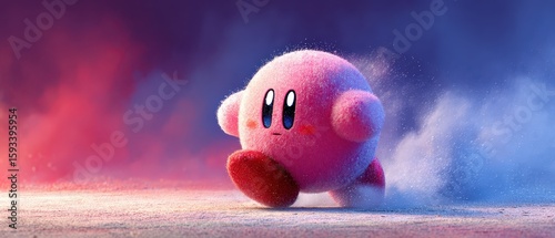 Kirby runs through a vibrant colorful landscape
