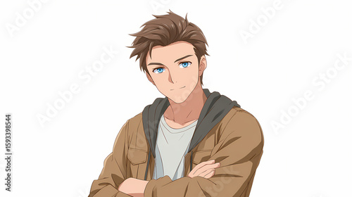 Anime young man with brown hair and blue eyes, confident pose, white background. edited gaze. Illustration