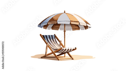 Brown striped beach chair and umbrella watercolor illustration isolated on transparent background