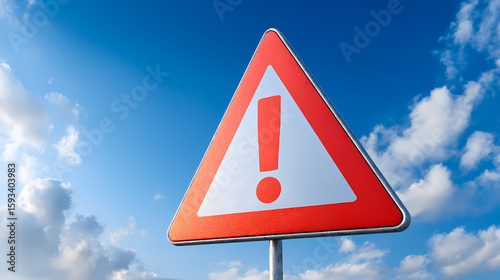 A triangular warning sign with an exclamation mark against a bright blue sky, indicating caution or alertness for drivers and pedestrians. emergency mark. Illustration
