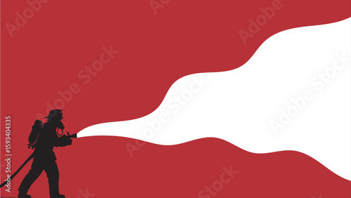 A vector illustration of a firefighter in silhouette on a red background, spraying a large, wavy white stream, suggesting water or foam.
