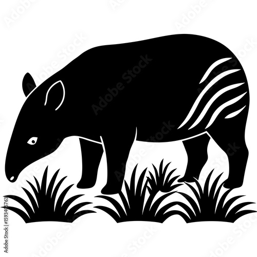 Black silhouette of a tapir grazing in grass