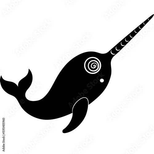 Stylized black narwhal with spiral eye and tusk