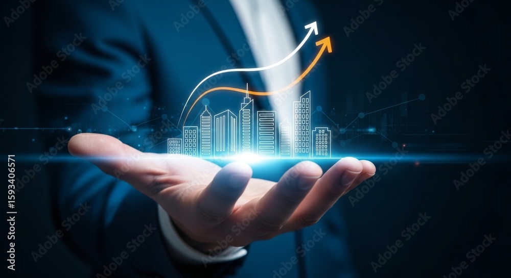 Fototapeta premium A businessman holds a digital cityscape with upward trending arrows symbolizing growth