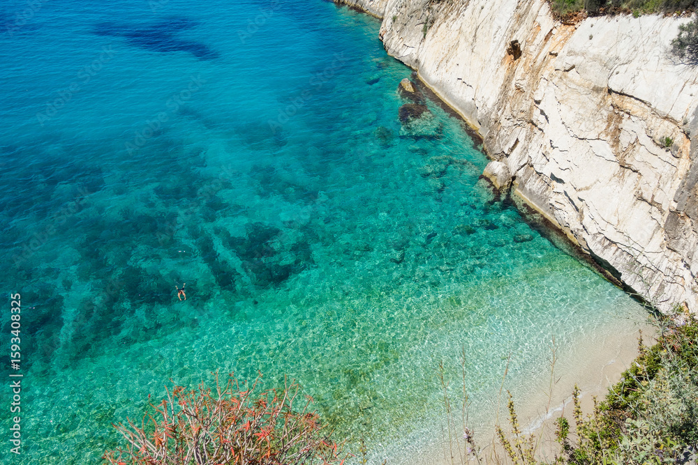 Obraz premium crystal clear pool in the corner of Filikuri beach in Himara, Albanian Riviera. High angle