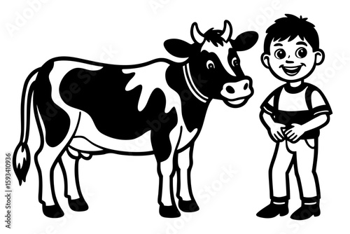 Funny farm animal vector cartoon with a cute girl, cow and calf, goat, and horse illustration