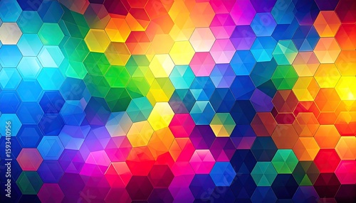 Dynamic abstract soccer background with a vibrant rainbow color gradient. Modern 3D geometric hexagon pattern with a glossy, faceted texture for sports and technology themes.