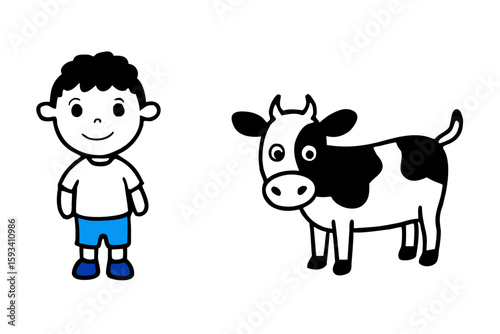 Cute little farm girl with a funny cartoon calf vector illustration