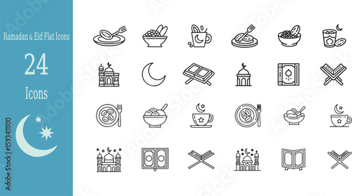 Ramadan and Eid Line Icons Set Featuring Mosque Crescent Moon Food and Drink Symbols