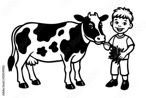 A cute cartoon vector illustration of a girl with a cow and calf, depicting farm life and dairy agriculture