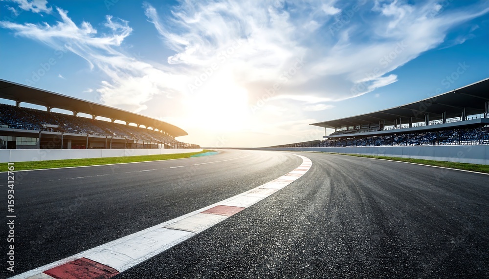 Fototapeta premium Empty asphalt race track and grandstand with sunshine. A modern motorsport circuit with a beautiful blue sky, perfect for a background.