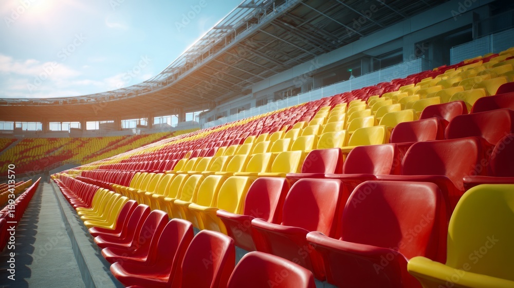 Fototapeta premium Vibrant stadium seats in sunlit arena. AI image