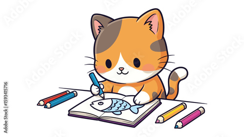 Cute Calico Cat Drawing a Fish Illustration with Colored Pencils on a Sketchbook