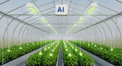 A greenhouse interior with rows of plants monitored by ai technology and artificial lighting systems overhead