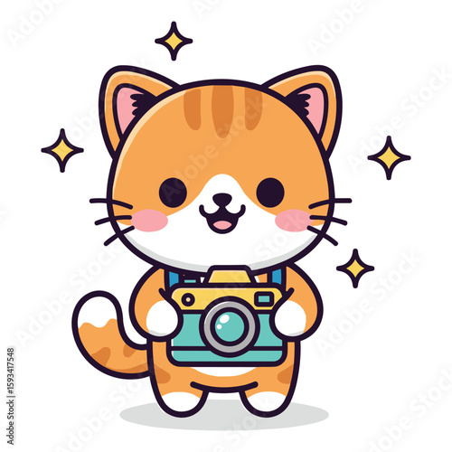 Cute Cartoon Cat Holding Camera for Photography Concept Illustration Vector Design