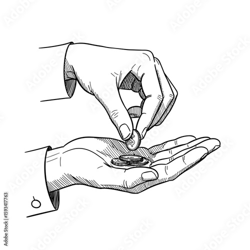 Hand putting coin into palm, sketchy illustration, black and white. Financial exchange, charity, generosity concept, for banking, economic articles, donation campaigns, personal finance blogs