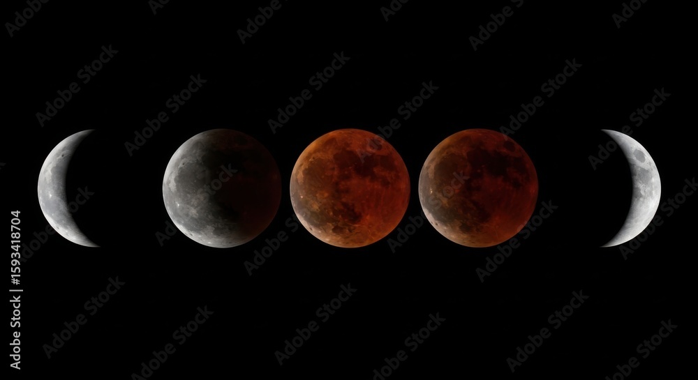 Obraz premium Stages of a total lunar eclipse showing the blood moon