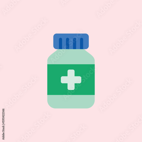 Illustration of a flat style medicine bottle with a blue cap, green label, and a white plus symbol in the center, on a soft pink background.