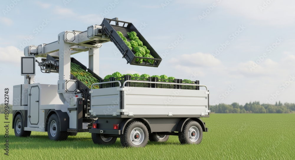 Obraz premium A robotic harvester loading lettuce into a trailer in a field on a sunny day with a clear blue sky