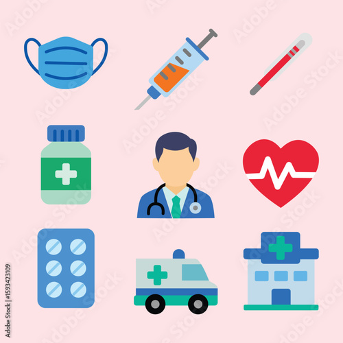 Health icon illustration contains doctor, mask, medicine, injection, hospital, ambulance, and heart symbol, suitable for medical and pharmaceutical design.