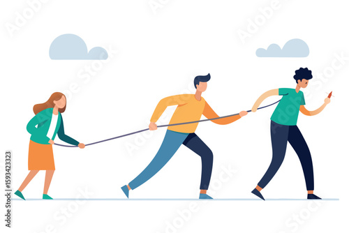 A team works together, pulling a rope in a collaborative effort