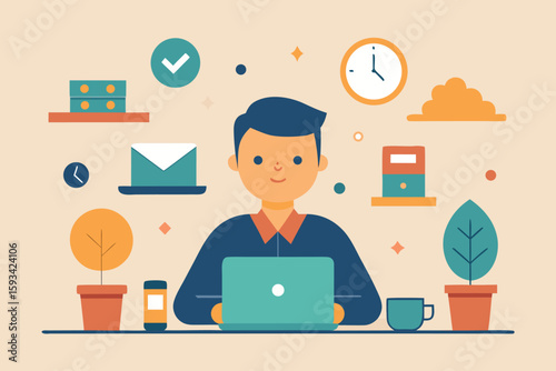 A man works from home on his laptop at his desk with plants and a clock