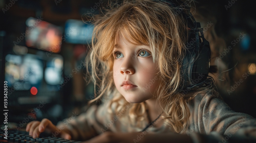 Fototapeta premium At home, a focused young girl who enjoys talking into a microphone while playing computer games streams