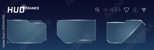 Futuristic HUD frame with transparent digital panels, sci fi cyberpunk layout and techno elements. Modern UI template for infographic, robot control screen or abstract tech poster design.