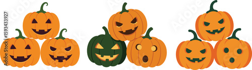Three Icon sets of stacked Halloween pumpkins with different carved faces.
