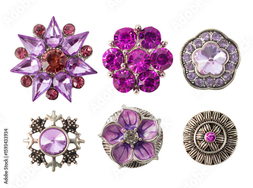 Photos Isolated photo of sparkling purple and lilac flower buttons / brooches or pendants with gemstones on white backdrop